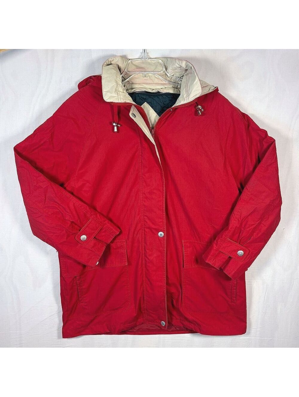 VTG 90s London Fog Red Zip Front Snap Hooded Parka Jacket Quilted Lining Size XL